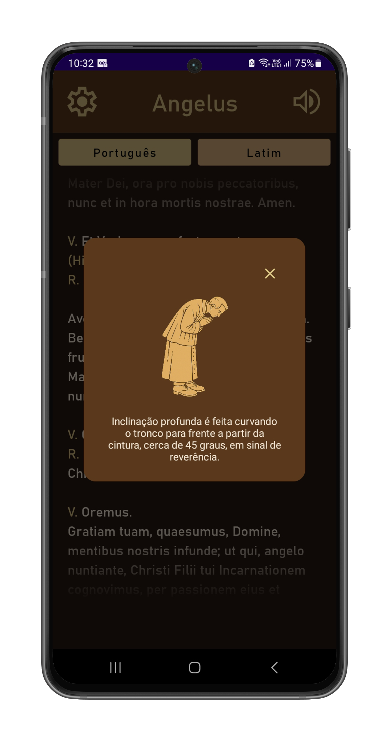 Instruções para a inclinação profunda durante a oração