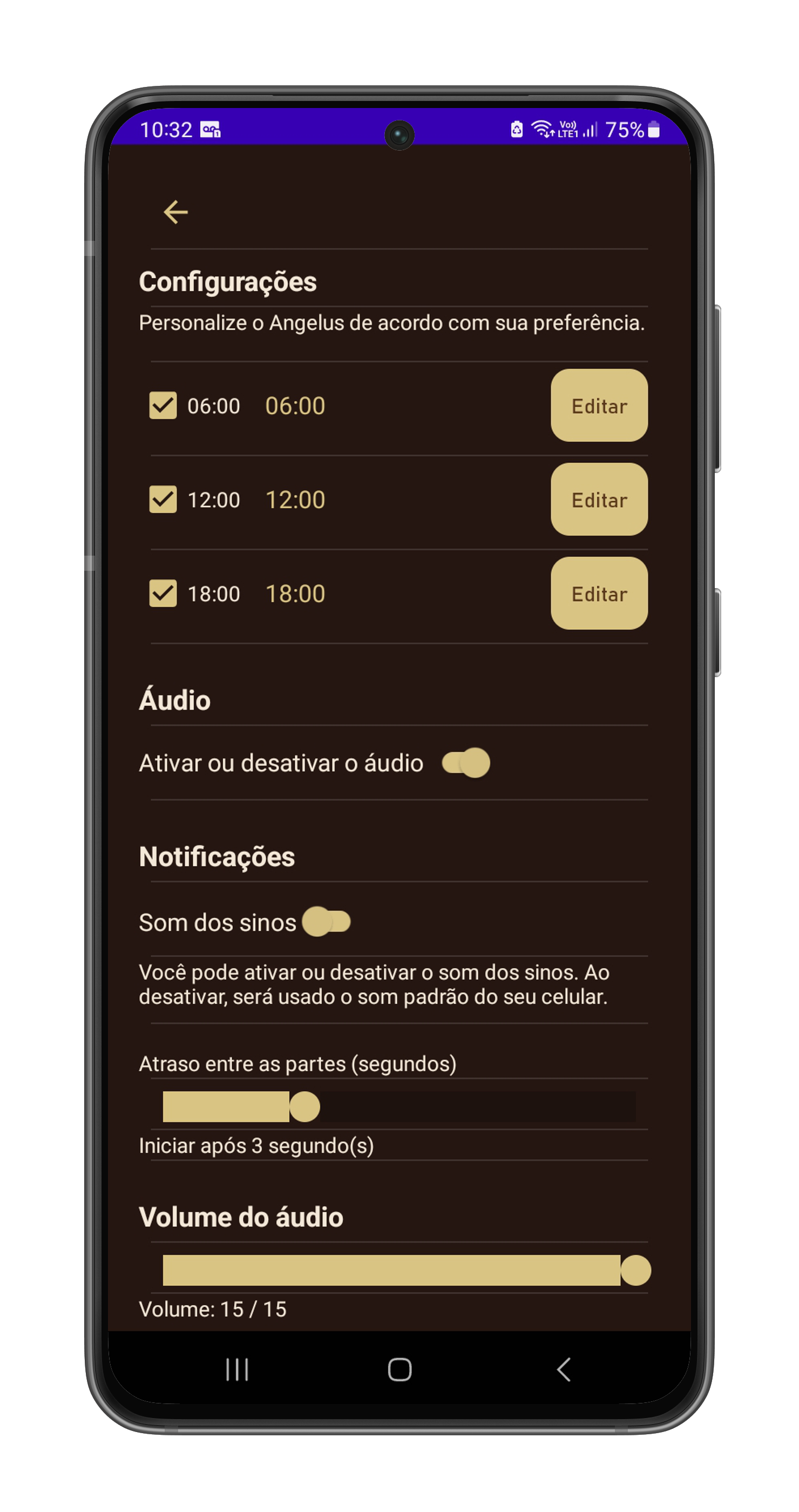 Tela de configurações do aplicativo Angelus